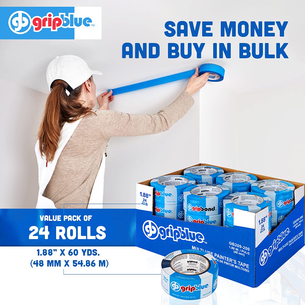 Blue Painters Tape 2 Inch Wide, Bulk - 24 Rolls Masking Tape, 'Professional-Grade' - Yields Exact Lines on Walls & Trim, Multi-Surface, Residue-Free, Easy Removal –Indoor & Outdoor Use, 1.88in x 60yds