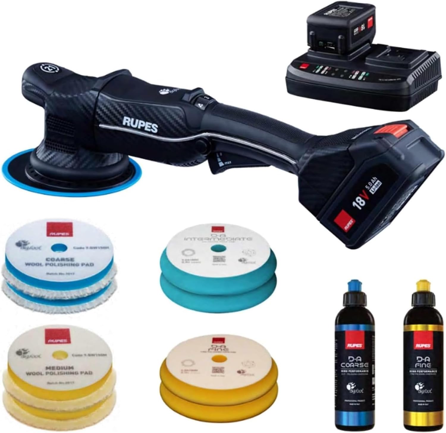 RUPES BigFoot HLR21 Random Orbital Basic Polishing Kit | Includes Dual Charger, 2 Batteries, D-A Compounds, Foam Pads & Wool Pads | Compact Ergonomic Design | Extended Battery Life