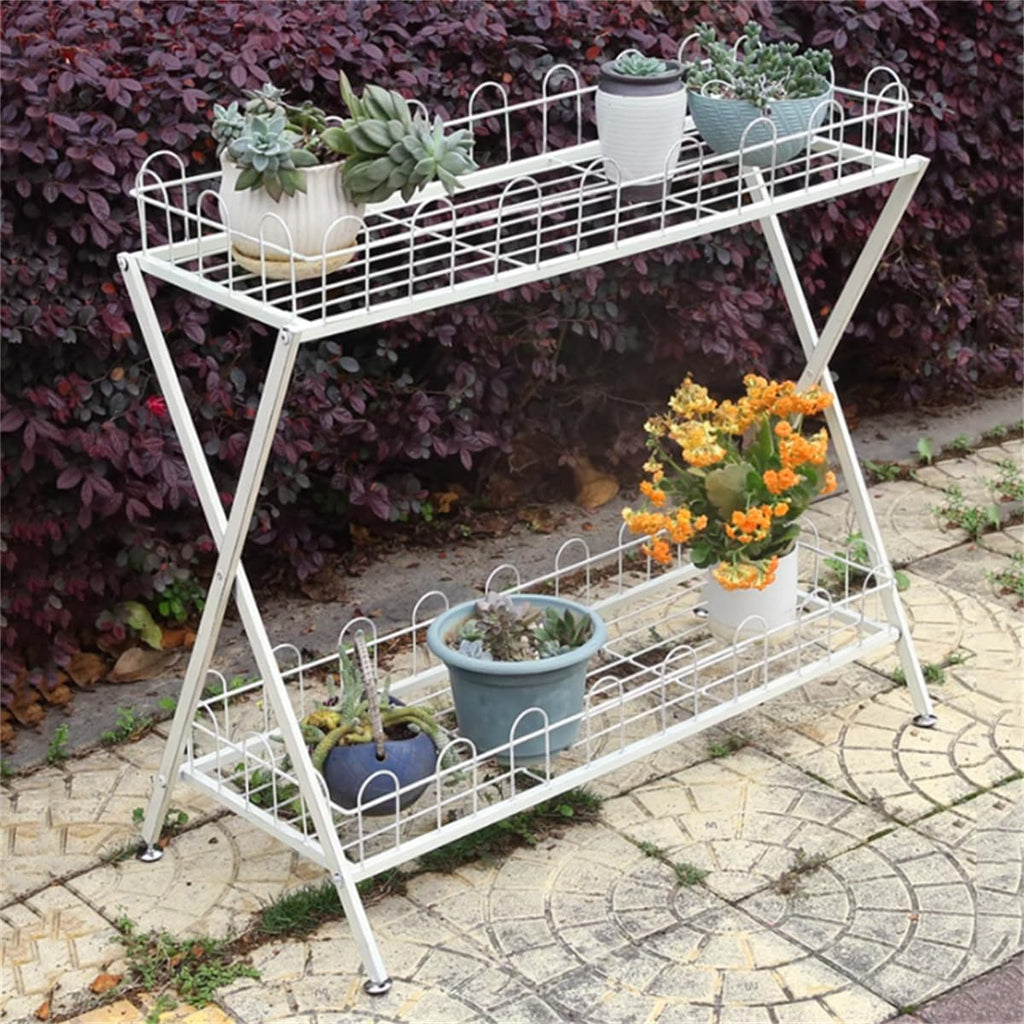 Garden Plant Stand,Outdoor Potting Bench Table,Old Balcony Iron Flower Stand with Fence,2 Tier Metal Waterproof Plant Shelf,for Living Room Patio Home Decor,White