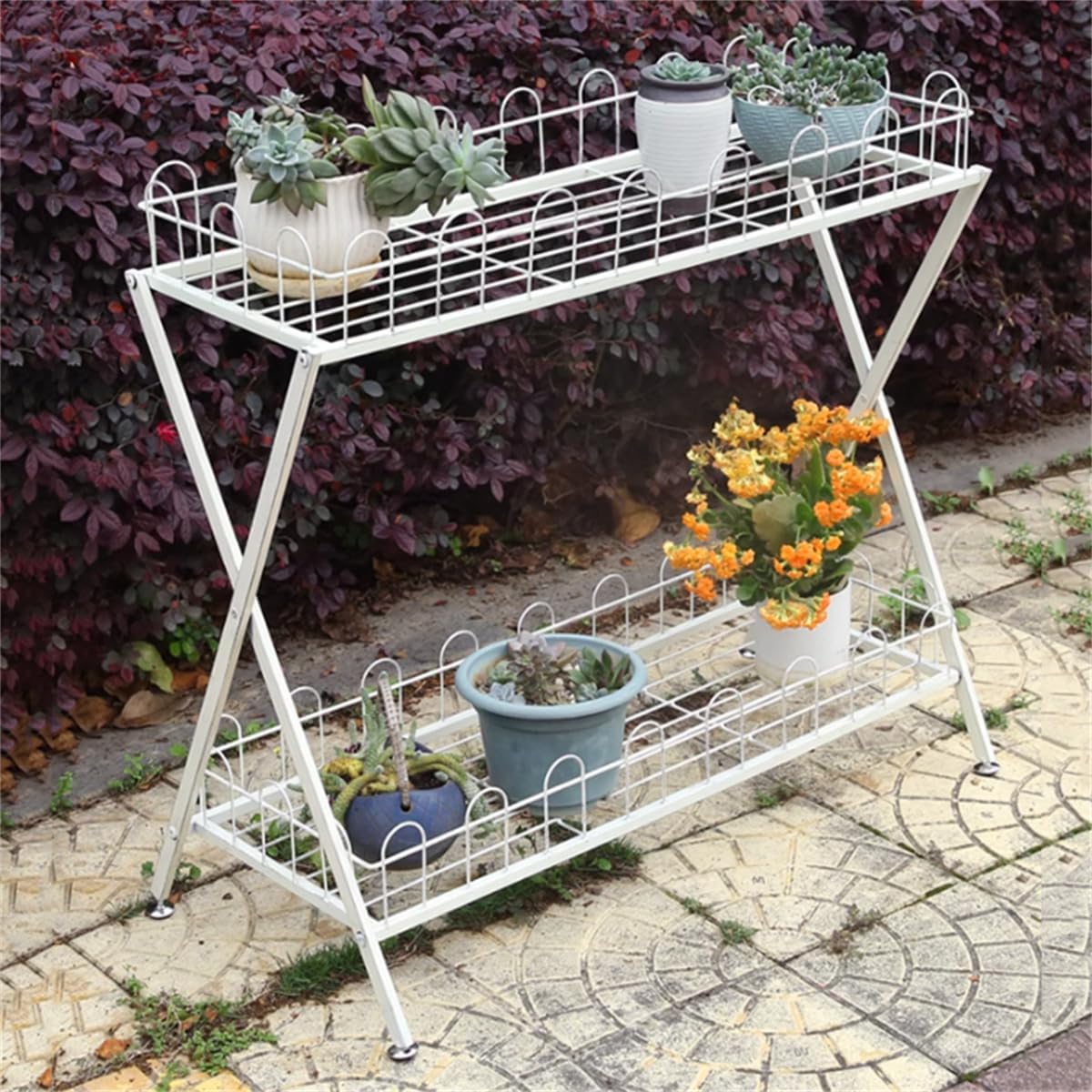 Garden Plant Stand,Outdoor Potting Bench Table,Old Balcony Iron Flower Stand with Fence,2 Tier Metal Waterproof Plant Shelf,for Living Room Patio Home Decor,White