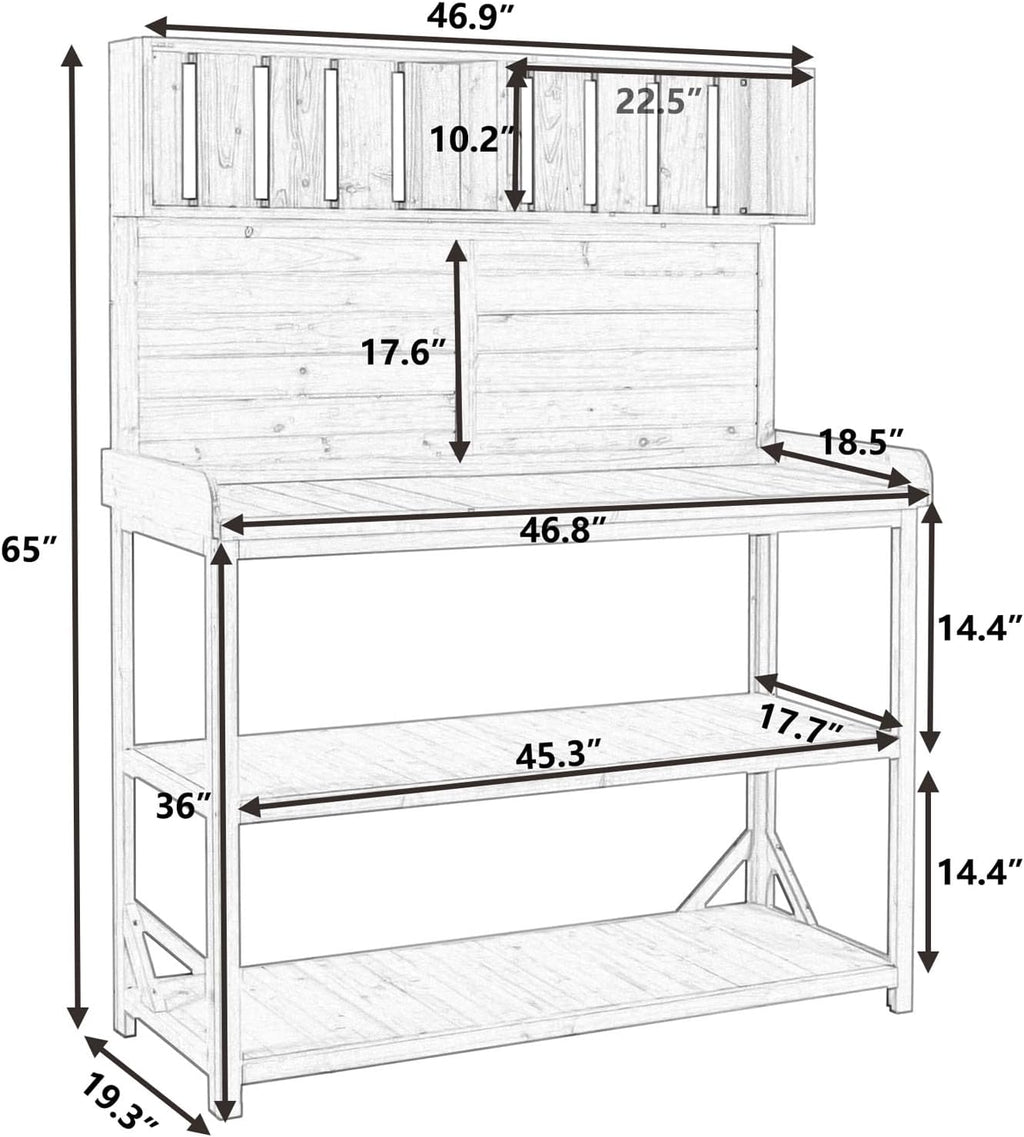 65 Inch Large Wooden Farmhouse Outdoor Potting Bench Table with 4 Storage Shelves & Anti-Falling Device, Rustic Patio Garden Workstation for Planting (Green+1)