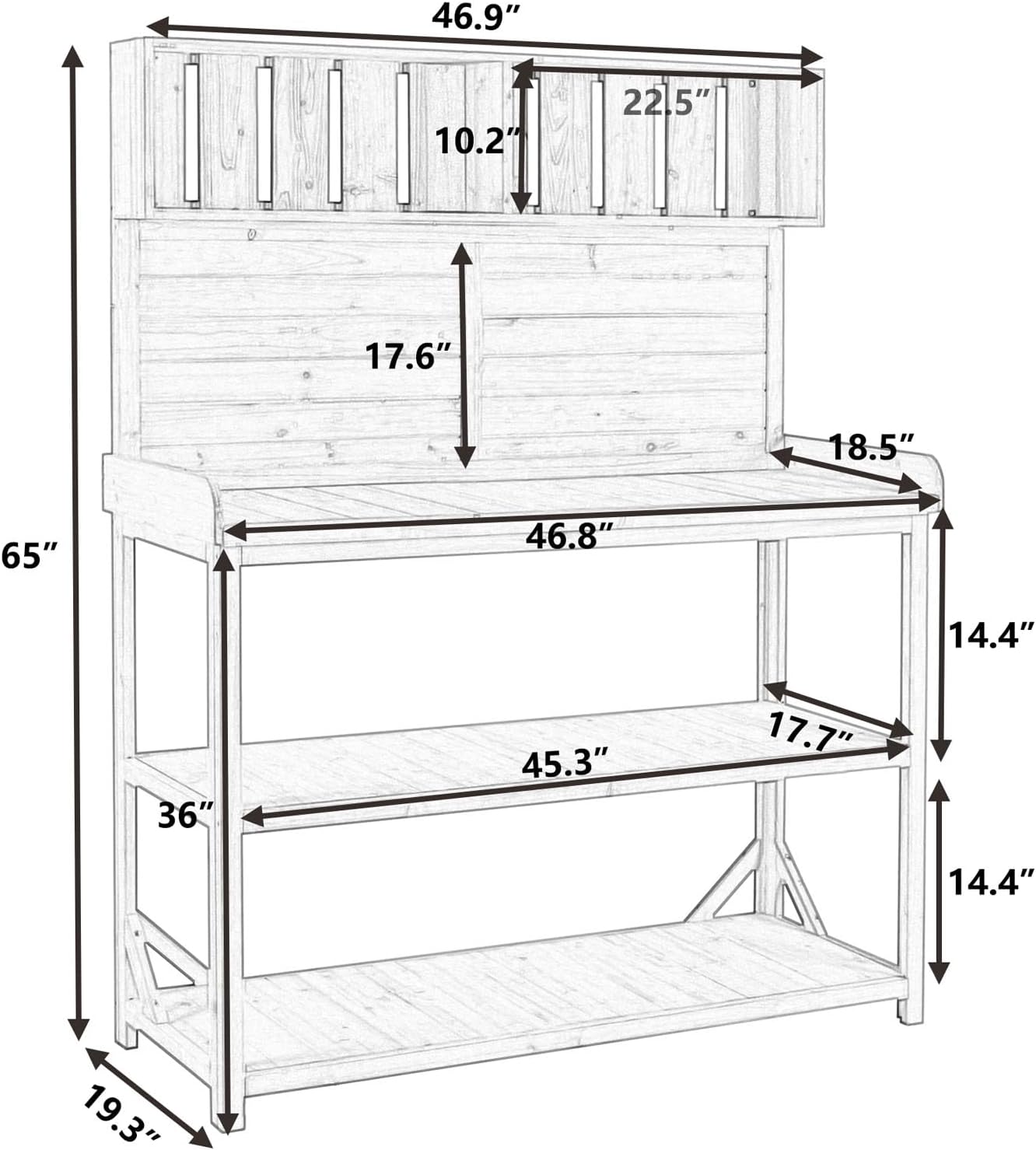 65 Inch Large Wooden Farmhouse Outdoor Potting Bench Table with 4 Storage Shelves & Anti-Falling Device, Rustic Patio Garden Workstation for Planting (Green+1)