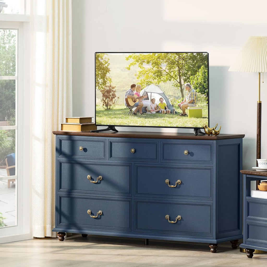 Joaxswe Farmhouse 54' 7 Drawers Dresser for Bedroom, Wide Chest of Drawers w/ 4 Wooden Legs, Vintage Rustic Large Closet Storage Dressers Organizer for Hallway, Wood TV Stand for Living Room, Blue
