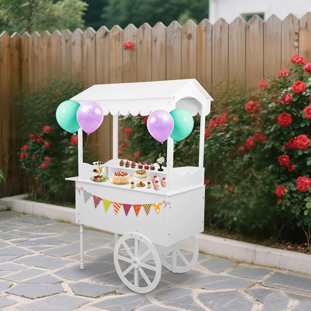 Large Country Market Wooden Rolling Table Cart, Antique Solid Wood Decor Display Rack Cart with Wheels, Rolling Table Carts for Display Various Flowers and Candy (White-1)