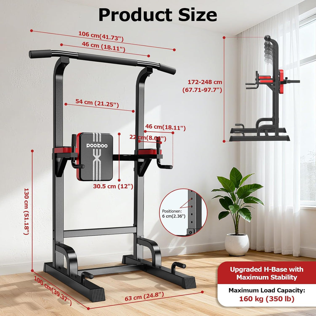 Pooboo Power Tower Dip Station Pull Up Bar for Fitness Home Gym Workout,450 Pounds Multi-Function Adjustable Height Fitness Strength Training Exercise Equipment,with Power Elastic Ropes