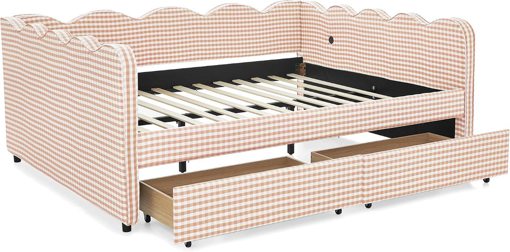 DEINPPA Queen Size Upholstered Daybed with 2 Storage Drawers, Gingham Daybed with USB Ports for Bedroom Living Room Guest Room-Pink