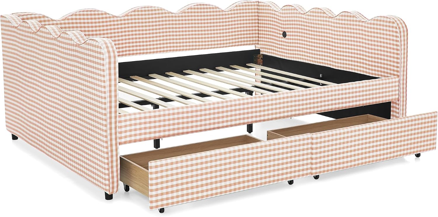 DEINPPA Queen Size Upholstered Daybed with 2 Storage Drawers, Gingham Daybed with USB Ports for Bedroom Living Room Guest Room-Pink