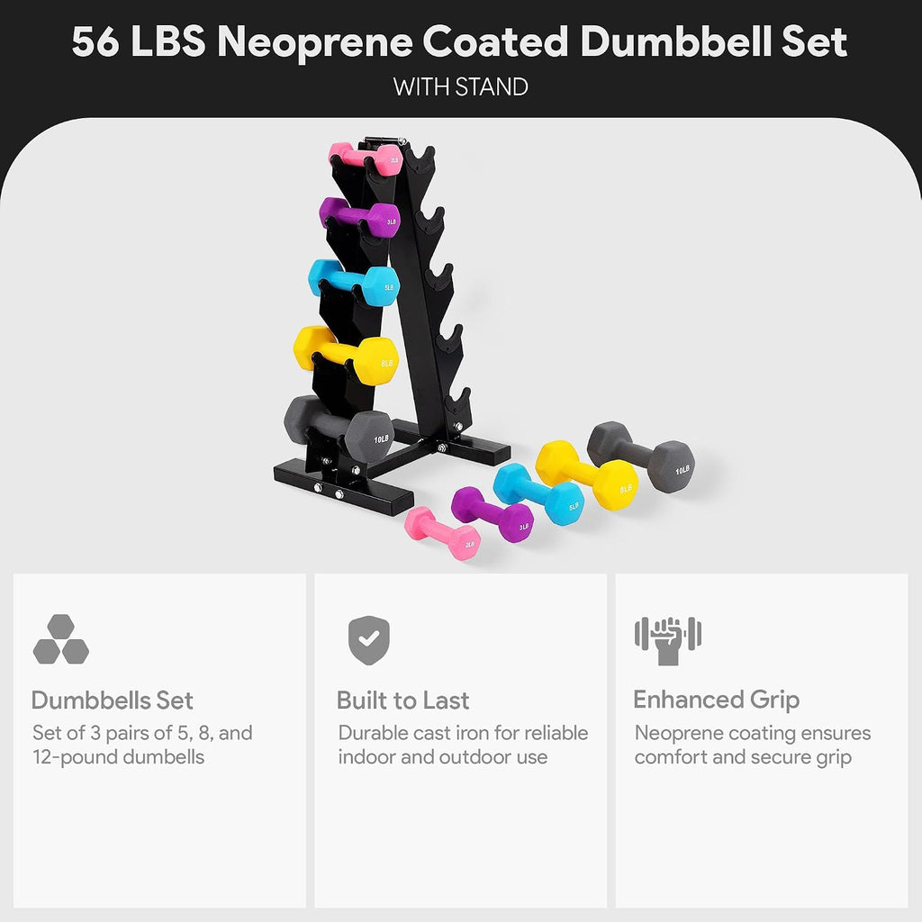 BalanceFrom Neoprene Coated Iron Dumbbell Hex Weights Set with Stand – Color-Coded or Black Options with Non-Slip Grip for Strength Training, Resistance Workouts, and Home Gym Fitness