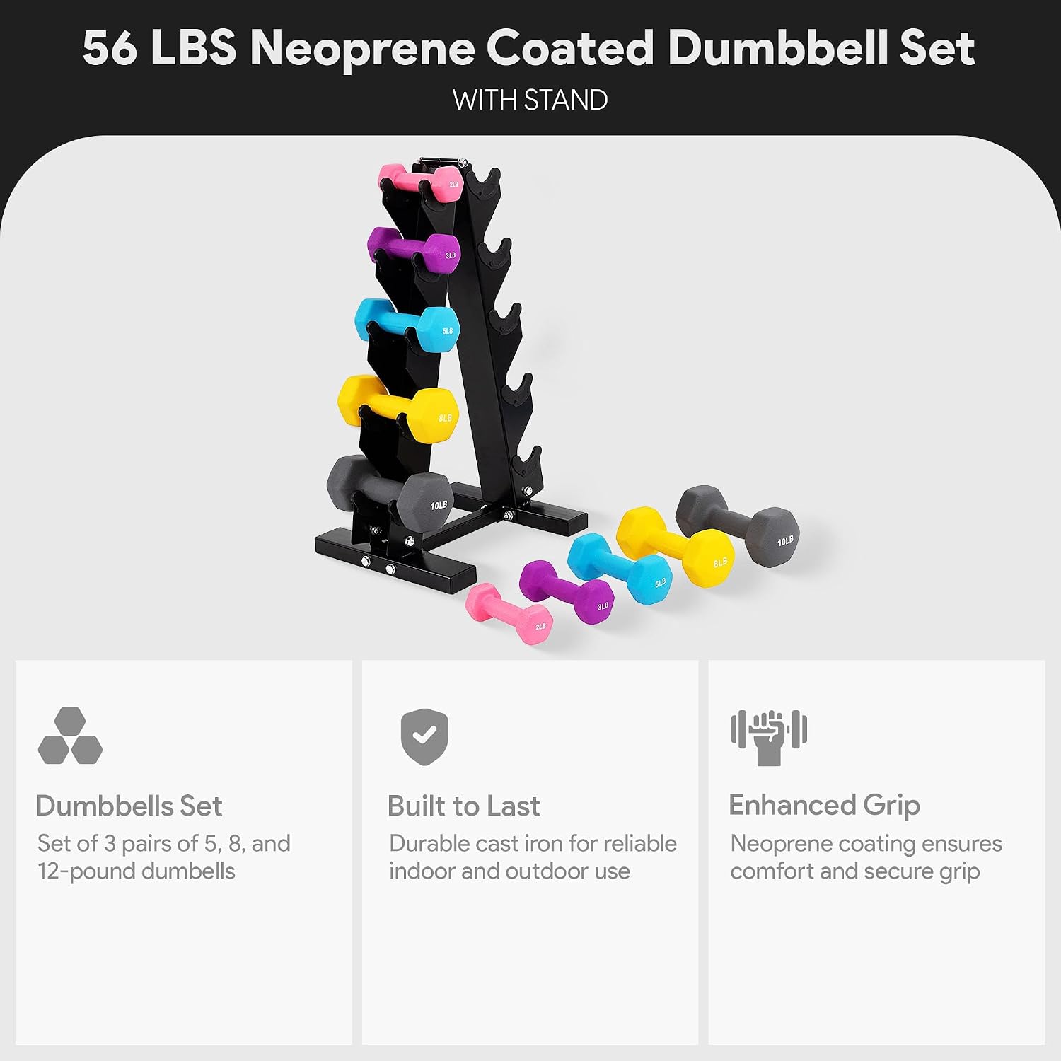 BalanceFrom Neoprene Coated Iron Dumbbell Hex Weights Set with Stand – Color-Coded or Black Options with Non-Slip Grip for Strength Training, Resistance Workouts, and Home Gym Fitness
