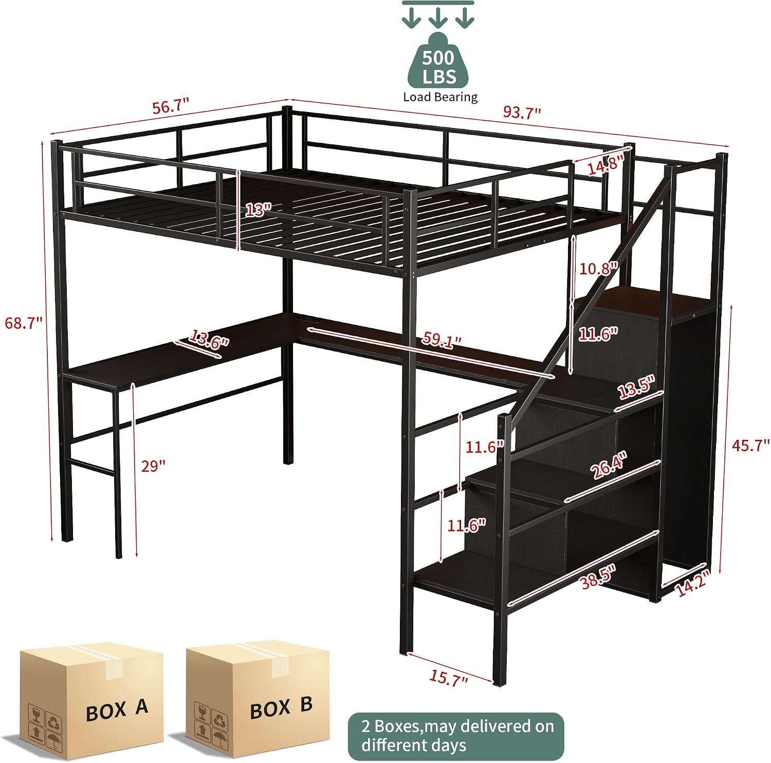Full Size Loft Bed with L-Shaped Desk and Built-in Storage Shelves & Wardrob, Convertible Stairs, Metal Loft Bed Frame with LED Light & Charging Station, for Teens/Adults (Black)