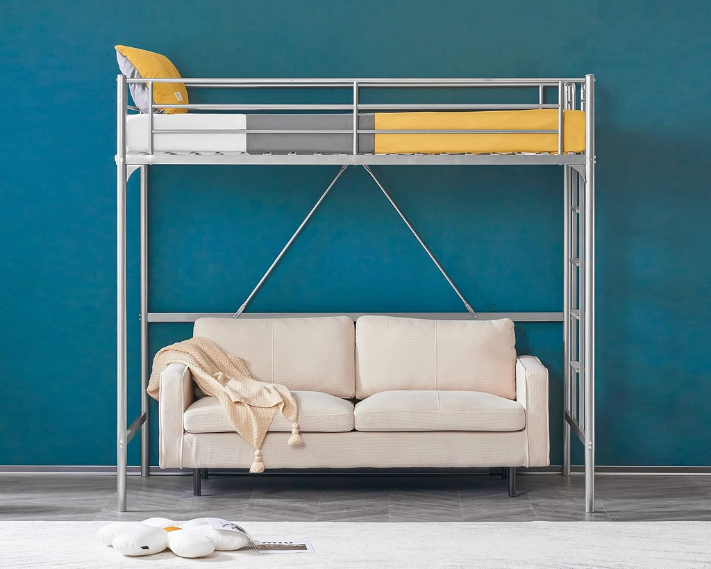 VINGLI Twin Loft Bed with Stairs Flat Steps for Kids, Adults Single Bed Space Saver Metal Loft, No Box Spring Required, Gray