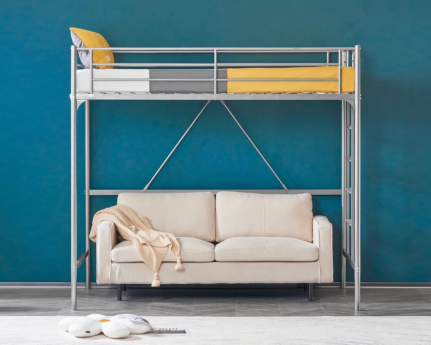 VINGLI Twin Loft Bed with Stairs Flat Steps for Kids, Adults Single Bed Space Saver Metal Loft, No Box Spring Required, Gray