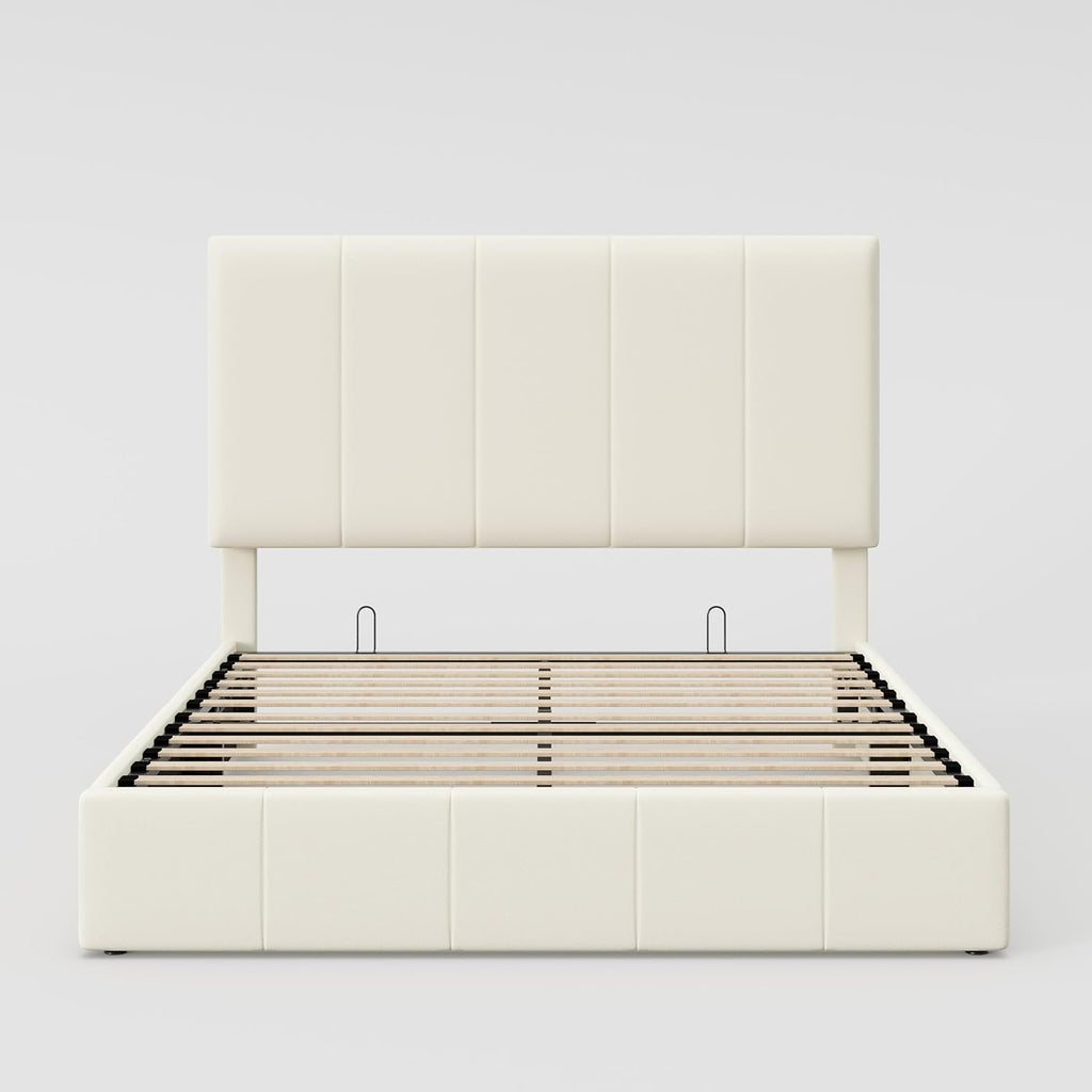 Allewie Full Size Velvet Lift Up Storage Bed Frame, Vertical Channel Tufted Headboard, Hydrualic Underneath Storage, Upholstered Platform Bed, Wooden Slats Support, No Box Spring Needed, Cream