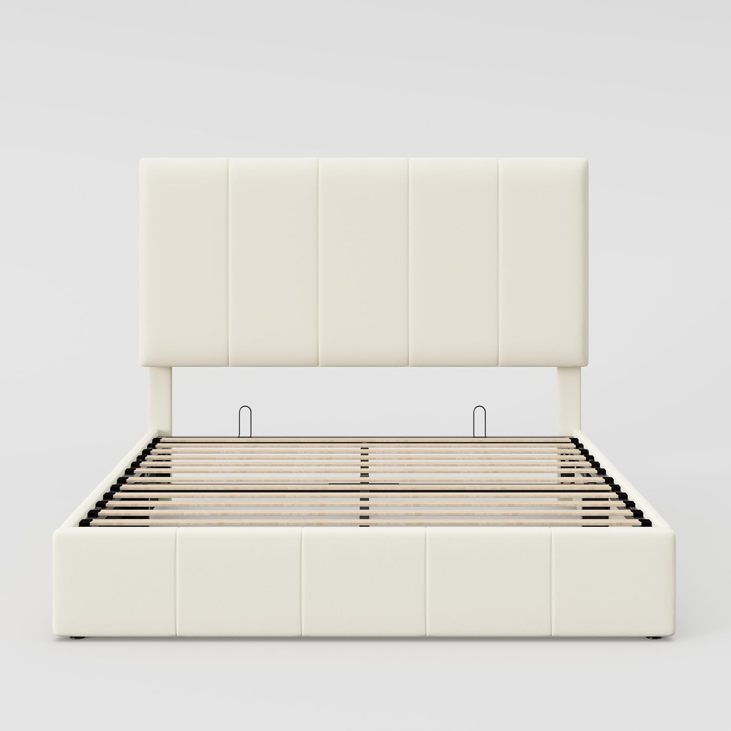 Allewie Full Size Velvet Lift Up Storage Bed Frame, Vertical Channel Tufted Headboard, Hydrualic Underneath Storage, Upholstered Platform Bed, Wooden Slats Support, No Box Spring Needed, Cream