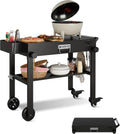 Dining Cart Table with Double-Shelf, Movable Pizza Oven Table Cart for Outside Patio, Stainless Steel Locking Wheels, Side Handle, Multifunctional, Kitchen Cooking Food Prep Table for Party, Black