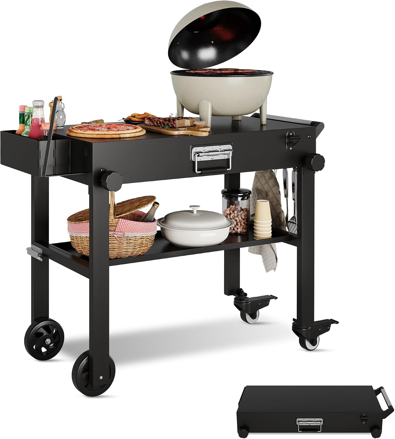 Dining Cart Table with Double-Shelf, Movable Pizza Oven Table Cart for Outside Patio, Stainless Steel Locking Wheels, Side Handle, Multifunctional, Kitchen Cooking Food Prep Table for Party, Black