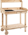 120x60x80cm Premium Heavy-Duty Potting Bench Workstation, 4-Wheel Casters, Integrated Sink, Side Drawer, Natural Wood, Large Capacity Storage System