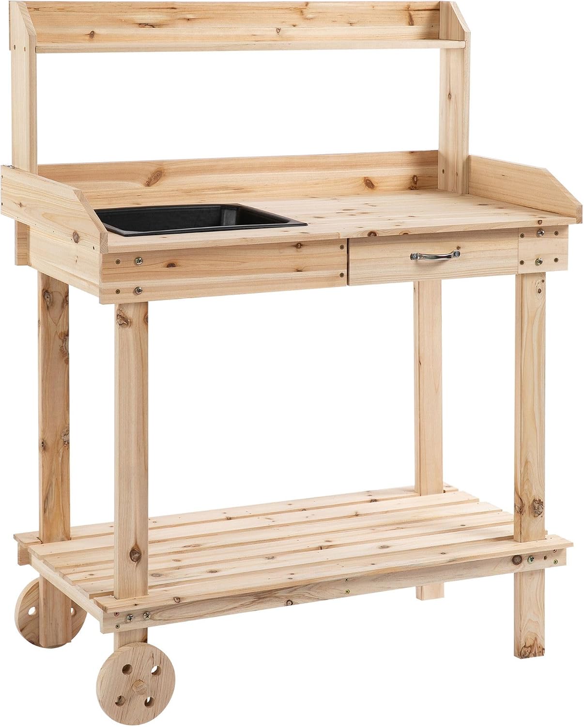 120x60x80cm Sturdy Workstation Potting Bench, 4 Swivel Casters, Sink Included, Side Drawer, Natural Wood Finish, Spacious Capacity Storage System