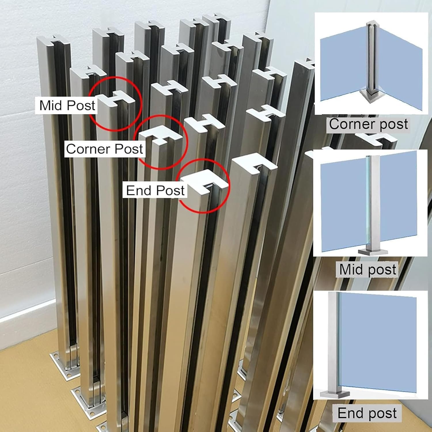 Silver Glass Balustrade Post End Middle Corner Post, 304 Stainless Steel Black Glass Railing Post with Spigot Slots & Sturdy Base for Steps, Balcony, Stairway, Deck, Patio Stairs(End Post,80cm/31.5in)