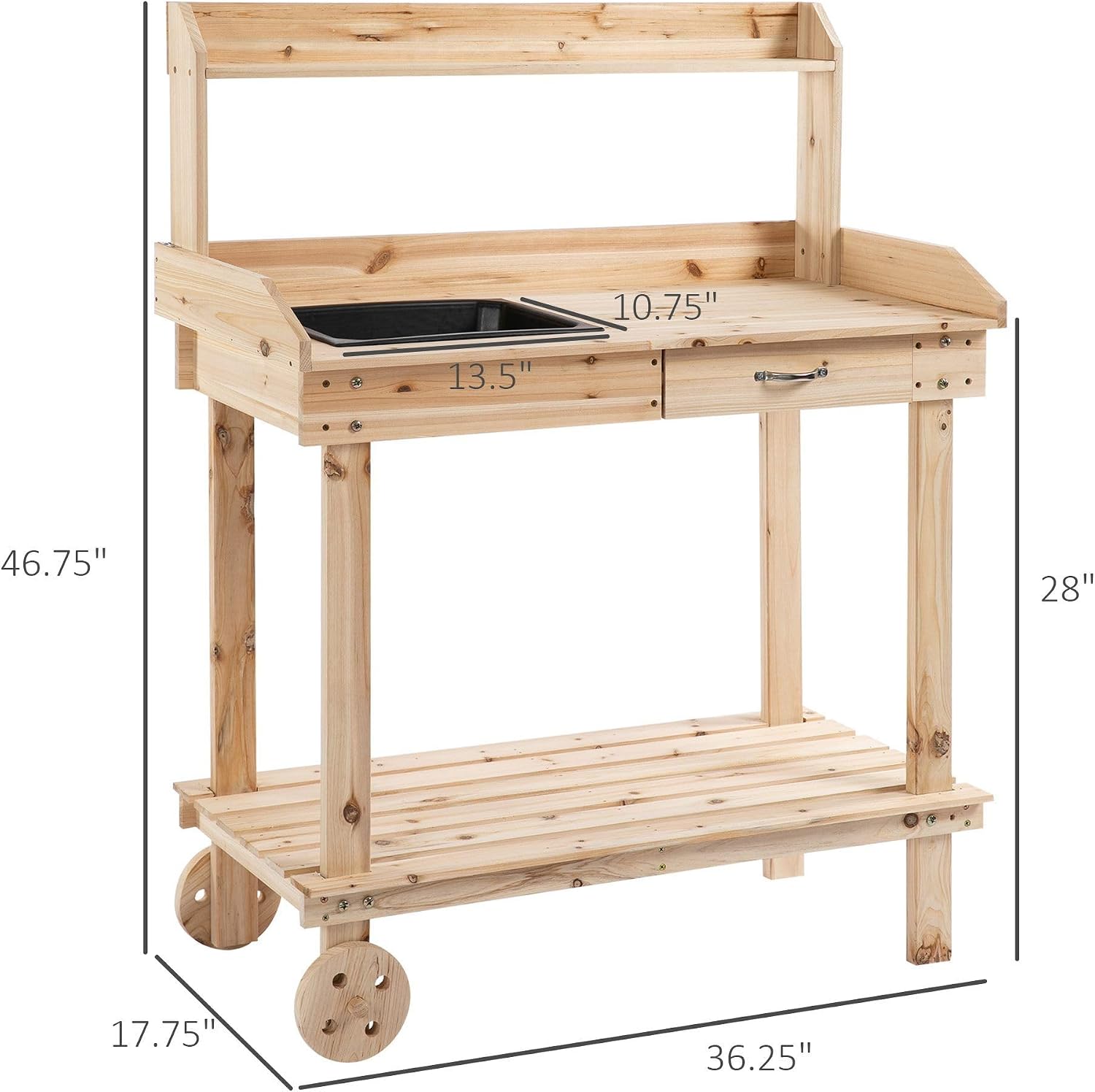 120x60x80cm Sturdy Workstation Potting Bench, 4 Swivel Casters, Sink Included, Side Drawer, Natural Wood Finish, Spacious Capacity Storage System