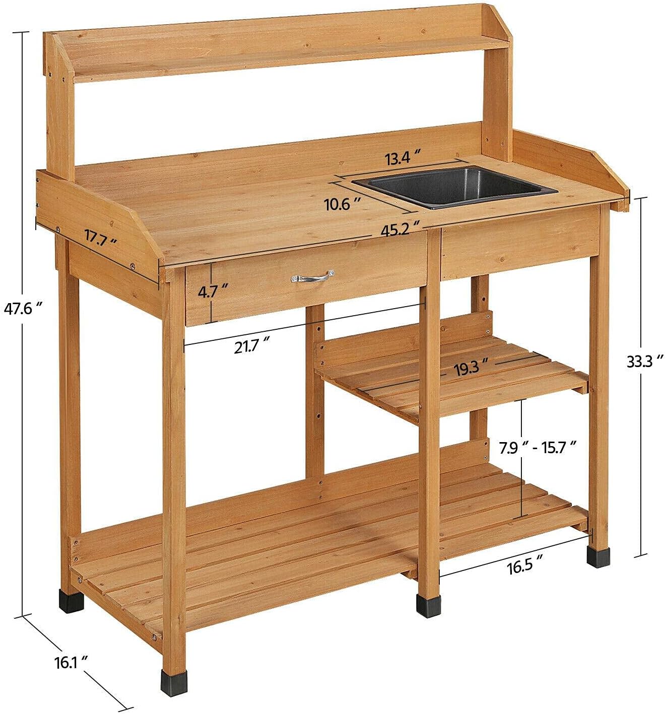 Oran Potting Bench Table with Sink & Drawer, Solid Wood & Plastic, Fade Resistant, 100 lbs Capacity, DIY Drain, Adjustable Shelf, Outdoor Garden Workbench