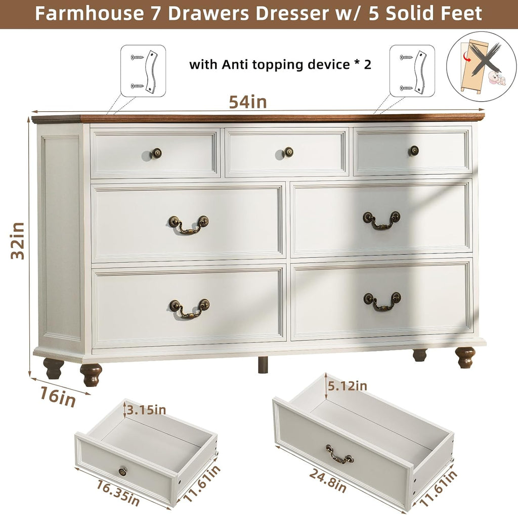 Joaxswe Farmhouse 54' 7 Drawers Dresser for Bedroom, White Wood Chest of Drawers w/ 4 Wooden Legs, Vintage Closet Storage Dressers Organizer for Hallway, Rustic Large TV Stand for Living Room, Foyer