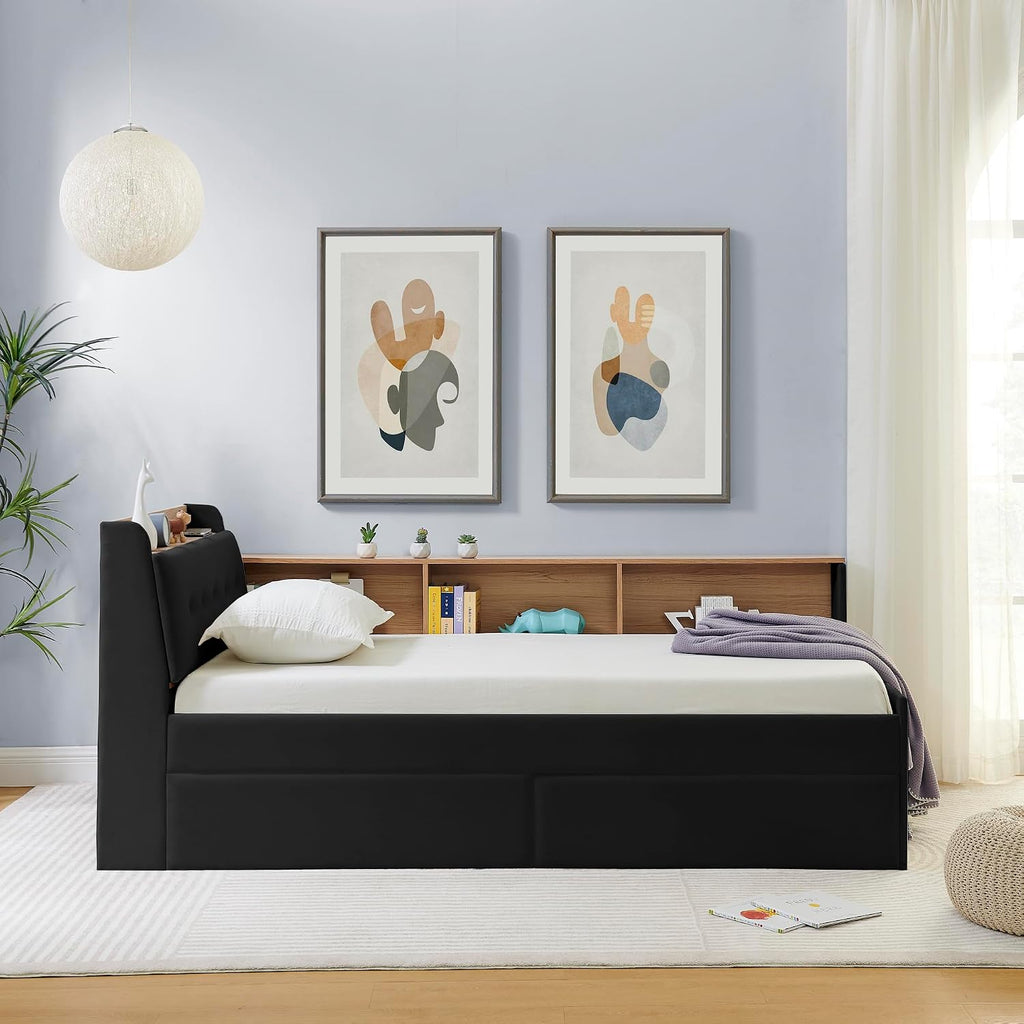 Corner Bed with Desk and Bookcase, LED Lights & USB Ports, Modern Twin Daybed with Storage Underneath Drawers, Soft Velvet Upholstered Day Bed Kids Bedroom Furniture Set Small Places (Black, Twin)