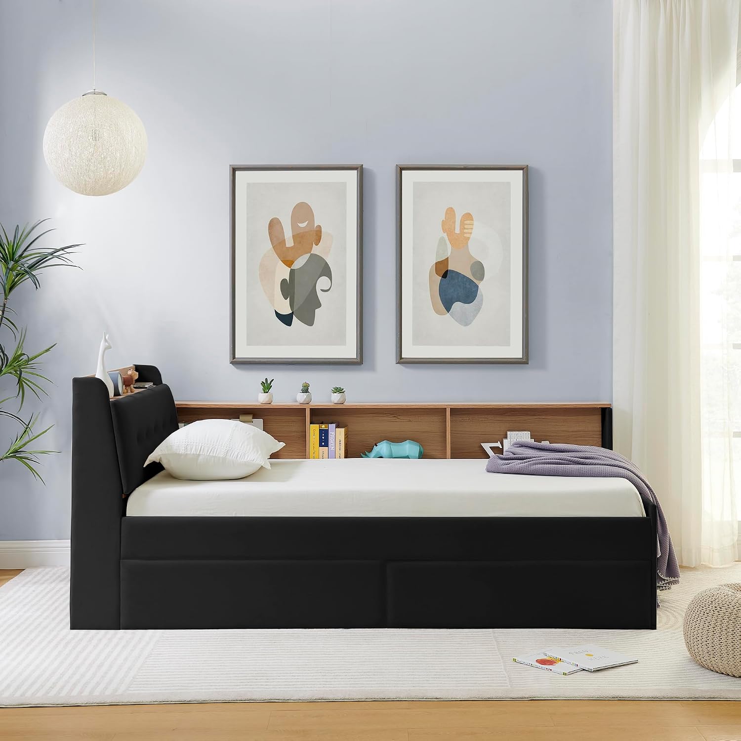 Corner Bed with Desk and Bookcase, LED Lights & USB Ports, Modern Twin Daybed with Storage Underneath Drawers, Soft Velvet Upholstered Day Bed Kids Bedroom Furniture Set Small Places (Black, Twin)