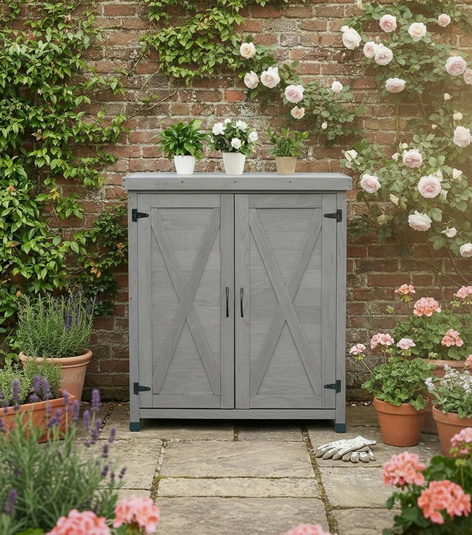 Potting Bench with Storage Cabinet & Metal Top, Solid Wood Hemlock Outdoor Work Station Table, X-Shape Sturdy Design, Magnetic Door, Gray/Light Brown, 31'x17'x36' (Gray)