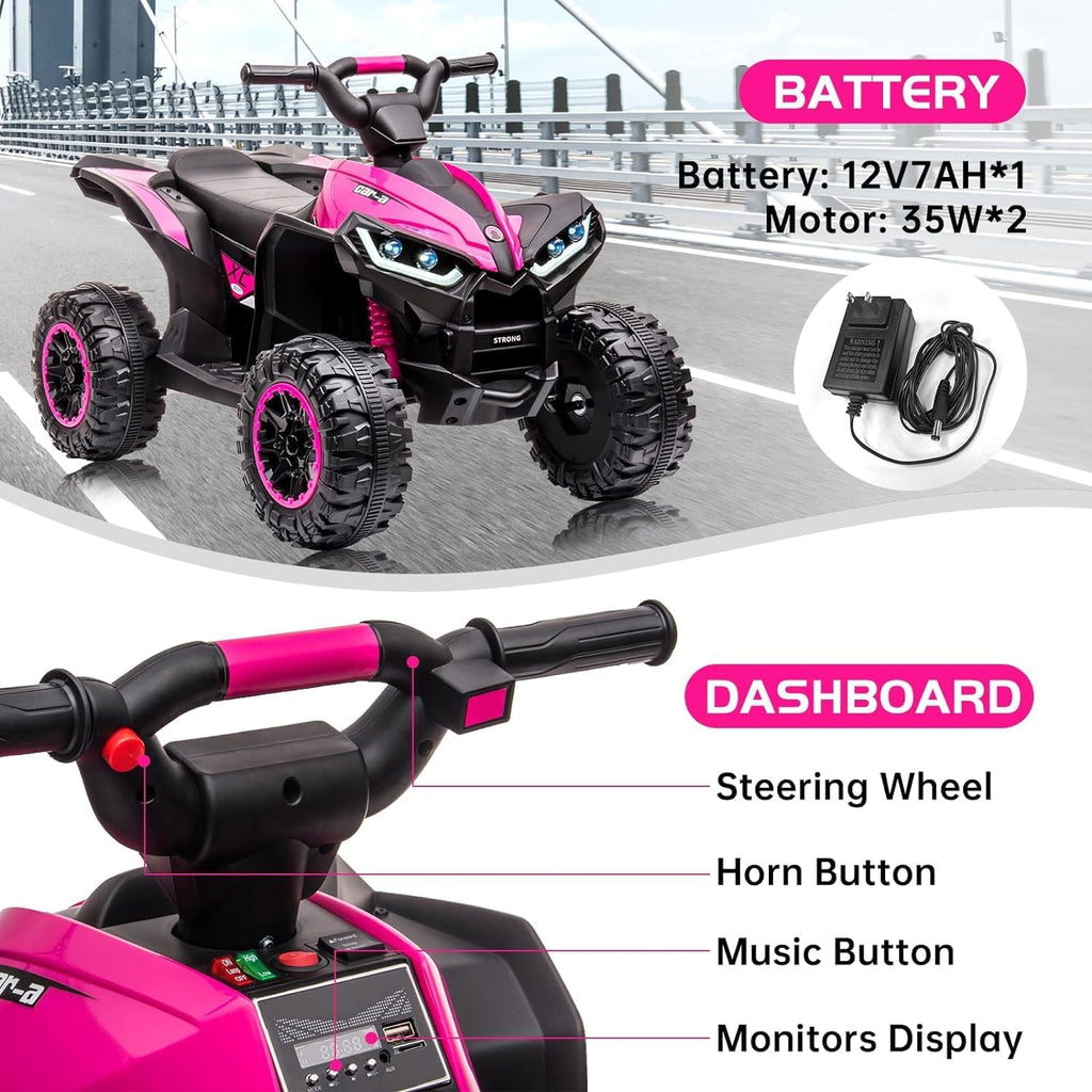 GarveeLife 12V Kids Ride On ATV, 4 Wheeler Electric Vehicle for Kids 3-8 Toddler Battery Powered Toy Car for Boys Girls with Remote Control, LED Lights, Soft Start, Treaded Tires, Music, Pink