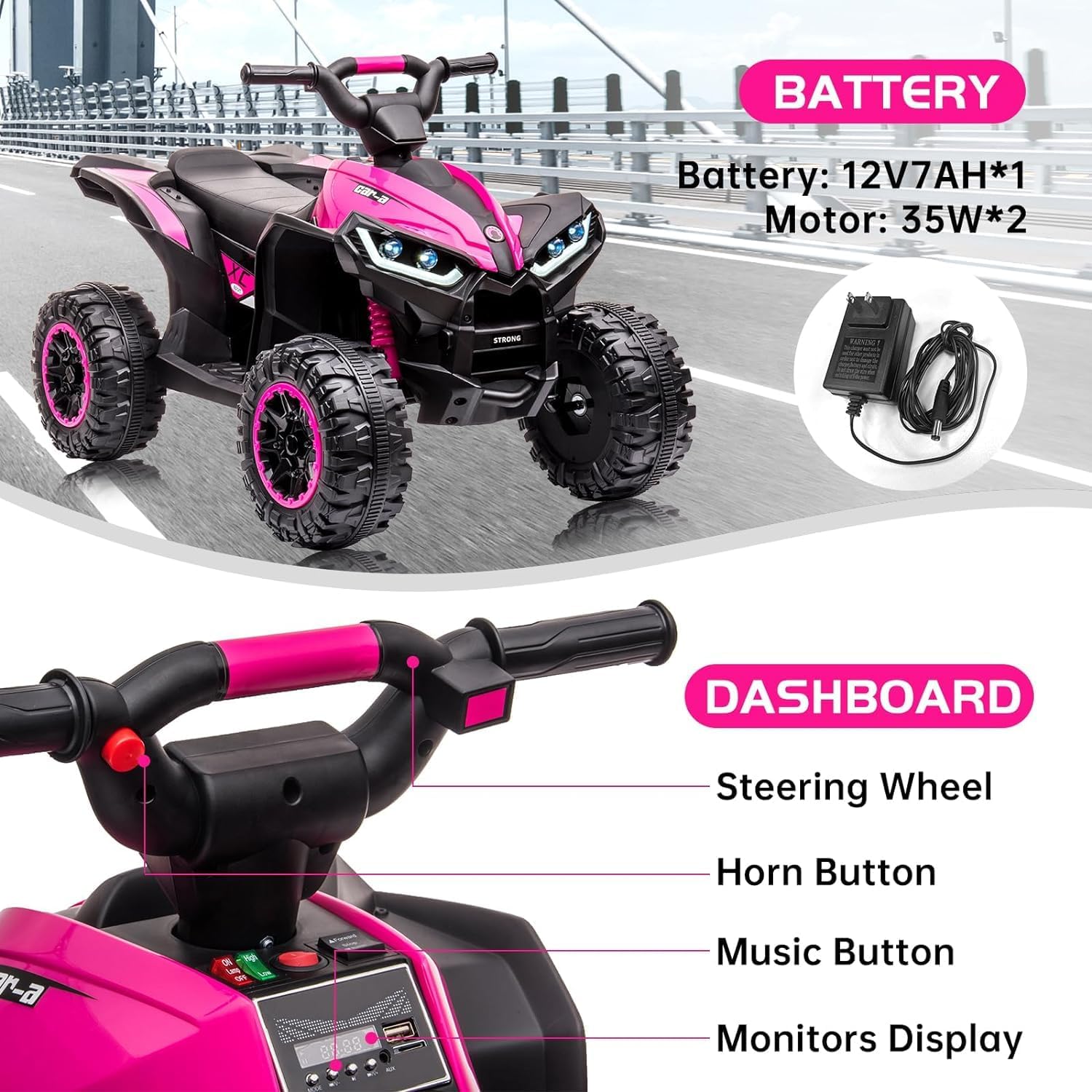 GarveeLife 12V Kids Ride On ATV, 4 Wheeler Electric Vehicle for Kids 3-8 Toddler Battery Powered Toy Car for Boys Girls with Remote Control, LED Lights, Soft Start, Treaded Tires, Music, Pink