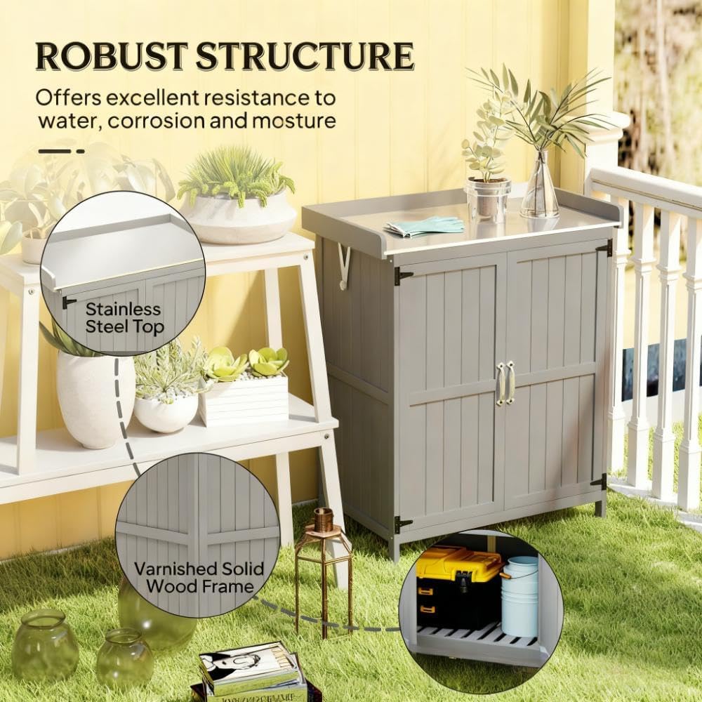 Garden Potting Workstation–2-Door Storage Cabinet,Gray | Weatherproof Metal|Side Hooks|All-Weather Fir Wood|220LBS Tabletop|Outdoor Patio,Garden,Garage