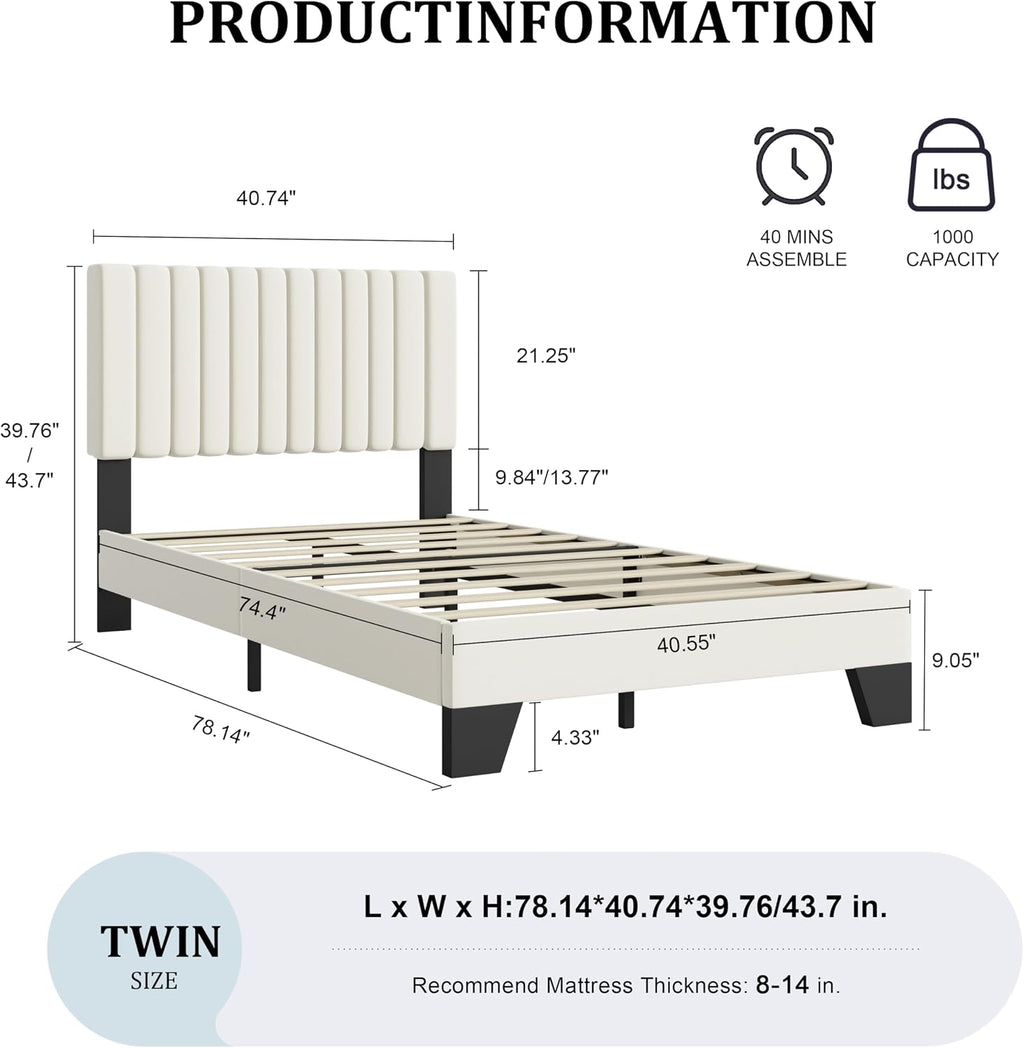IOILORI Twin Size Bed Frame, Velvet Upholstered Platform Bed with Adjustable Tufted Headboard, Sturdy Frame and Slats, Noiseless, No Box Spring Required, Easy to Assemble, Black