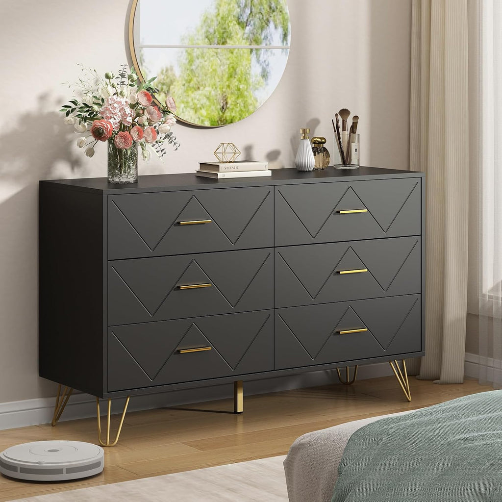 6 Drawer Black Dresser for Bedroom, Modern Chest of Drawers with Deep Drawers,Wood Dresser with Gold Metal Handles for Bedroom, Living Room, Hallway