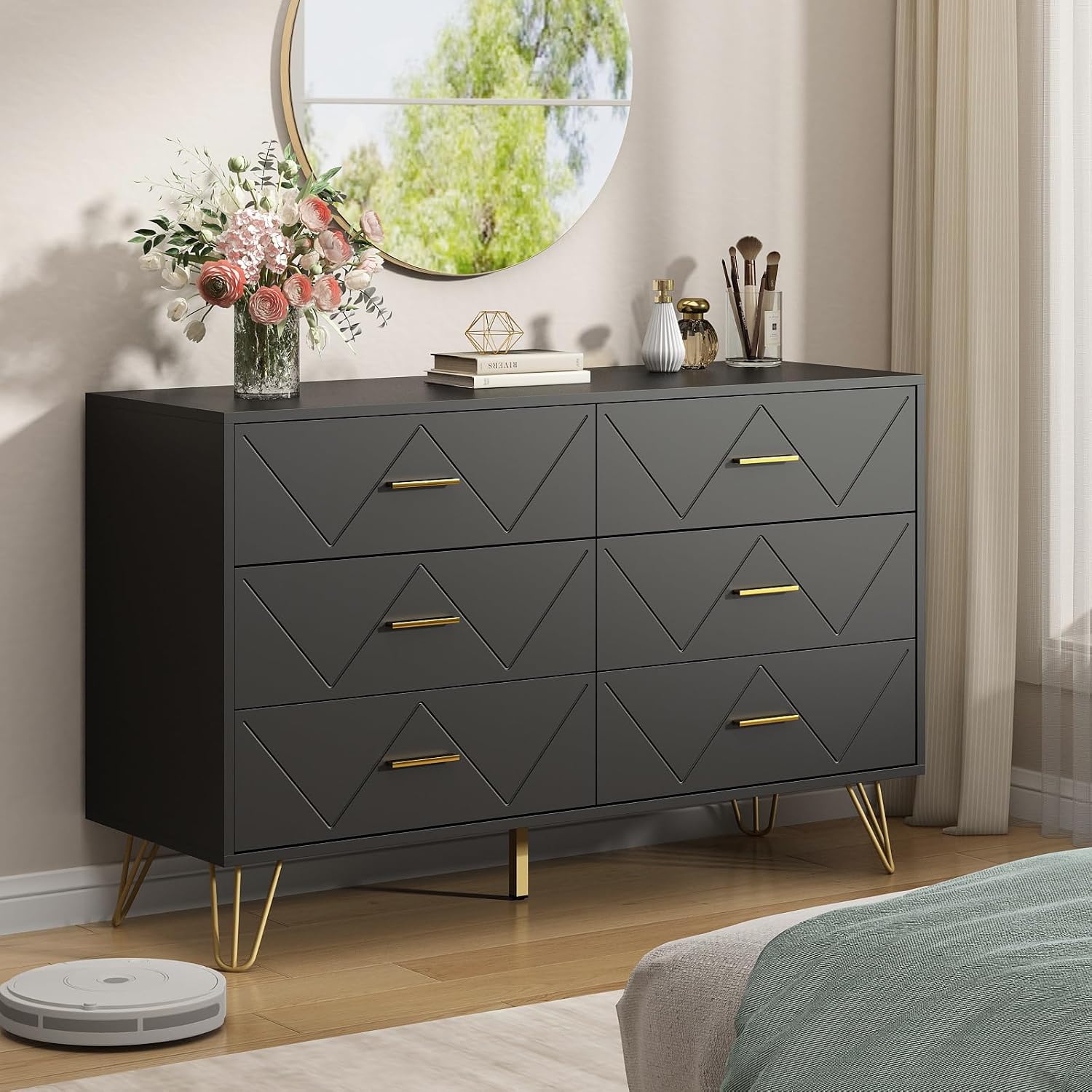 6 Drawer Black Dresser for Bedroom, Modern Chest of Drawers with Deep Drawers,Wood Dresser with Gold Metal Handles for Bedroom, Living Room, Hallway