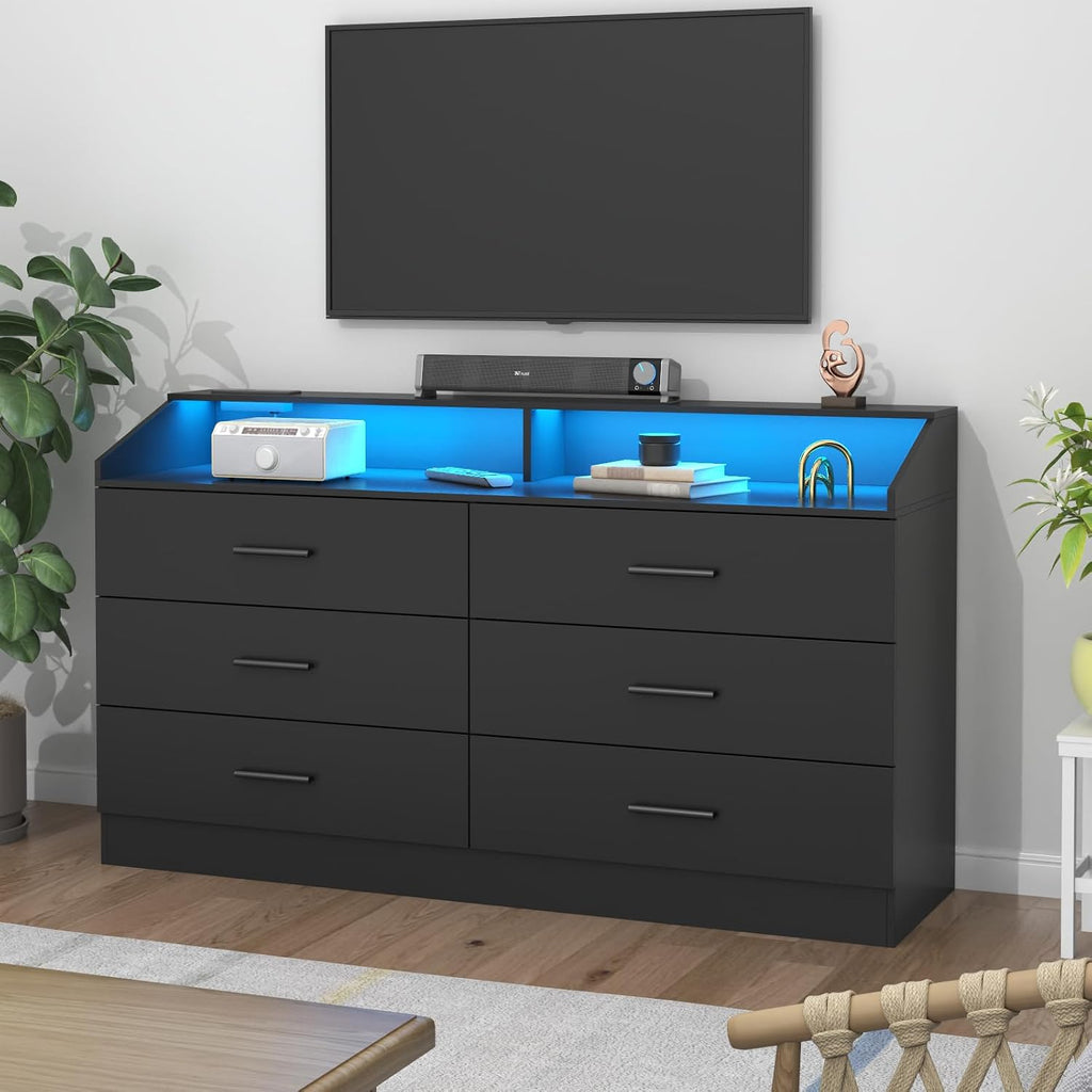 Gyfimoie 6 Drawer Dresser with Power Outlet, Chest of Drawers with LED Light, Modern Dresser with Open Storage Cubby, Double Wide Dressers Organizer for Bedroom, Living Room, Entryway, Hallway
