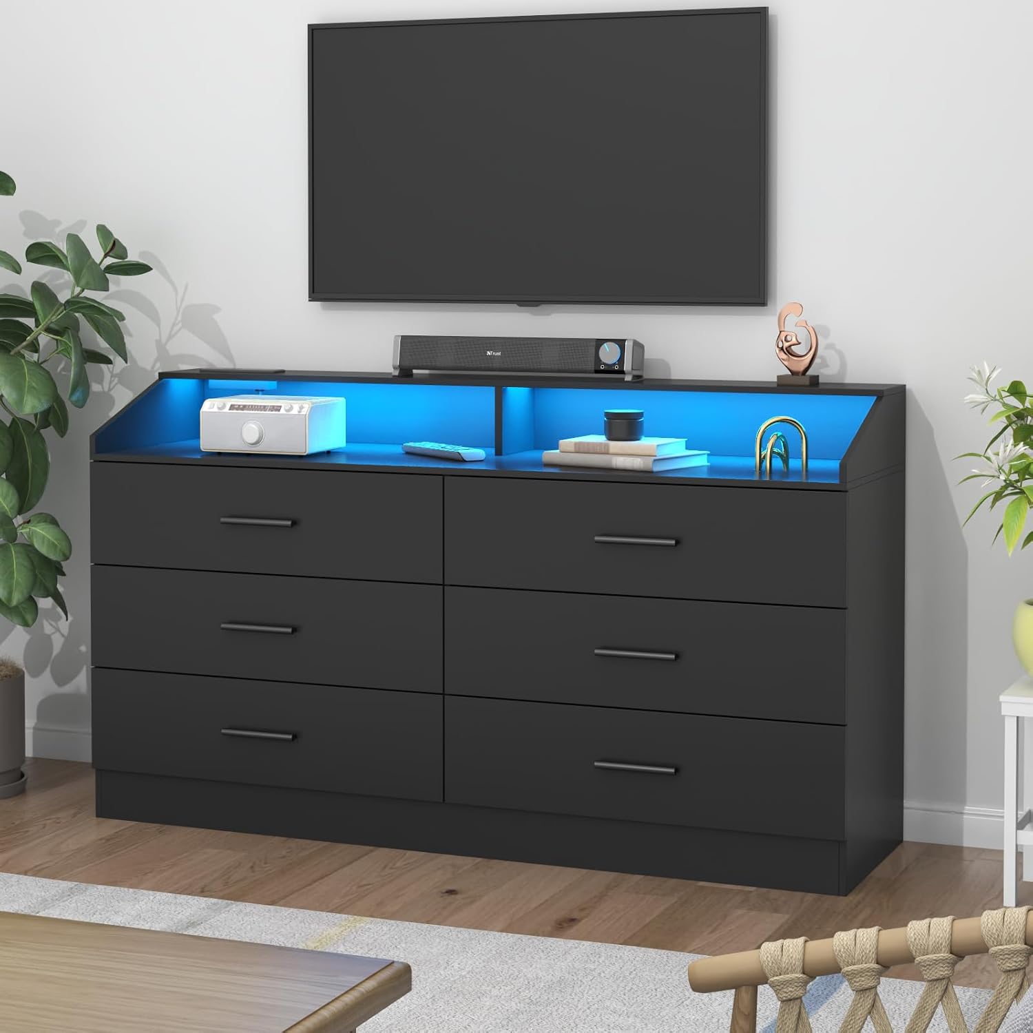 Gyfimoie 6 Drawer Dresser with Charging Station, Dresser for Bedroom with LED Light, Chest of Drawers for Closet, Modern Dressers with Open Storage Cubby, Double Wide Dressers for Living Room (Black)