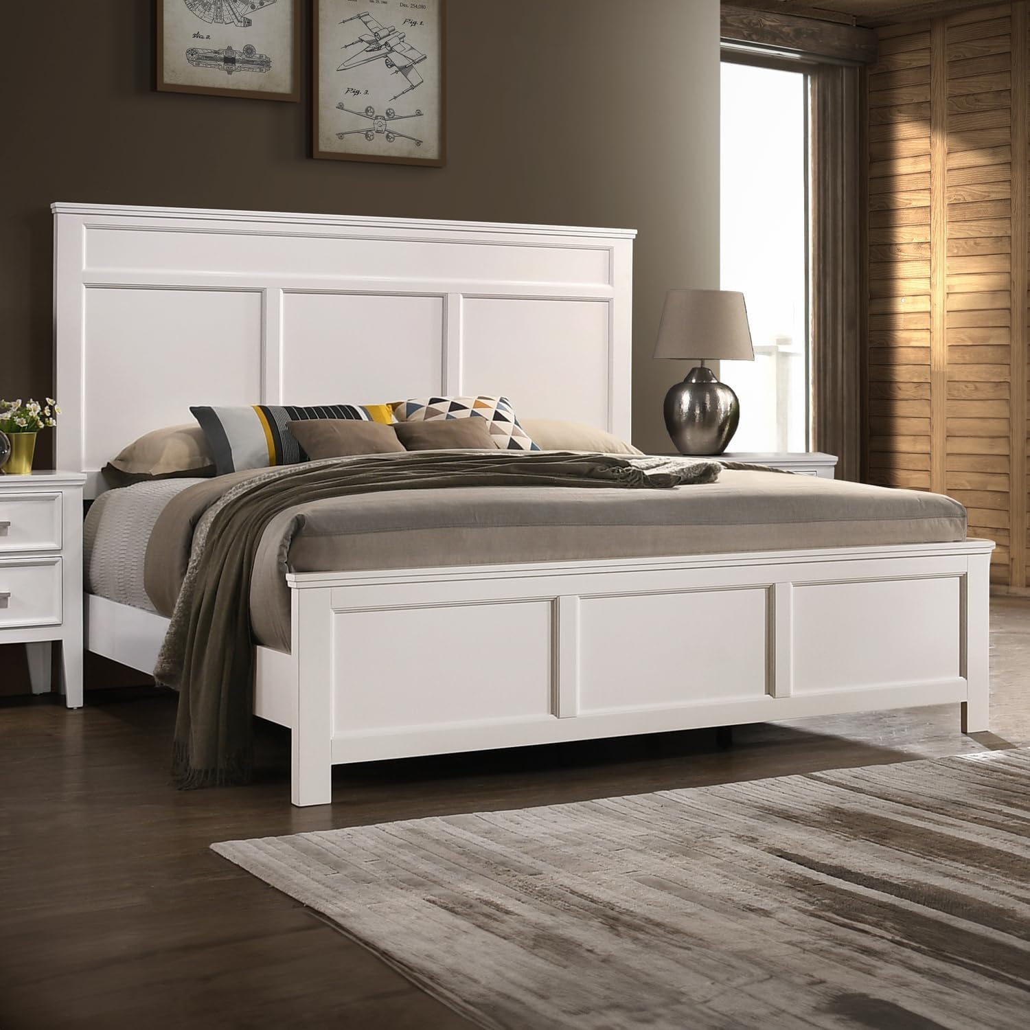 HomeStock Wood Panel Bed - White Finish - Bedroom Furniture with Headboard California King