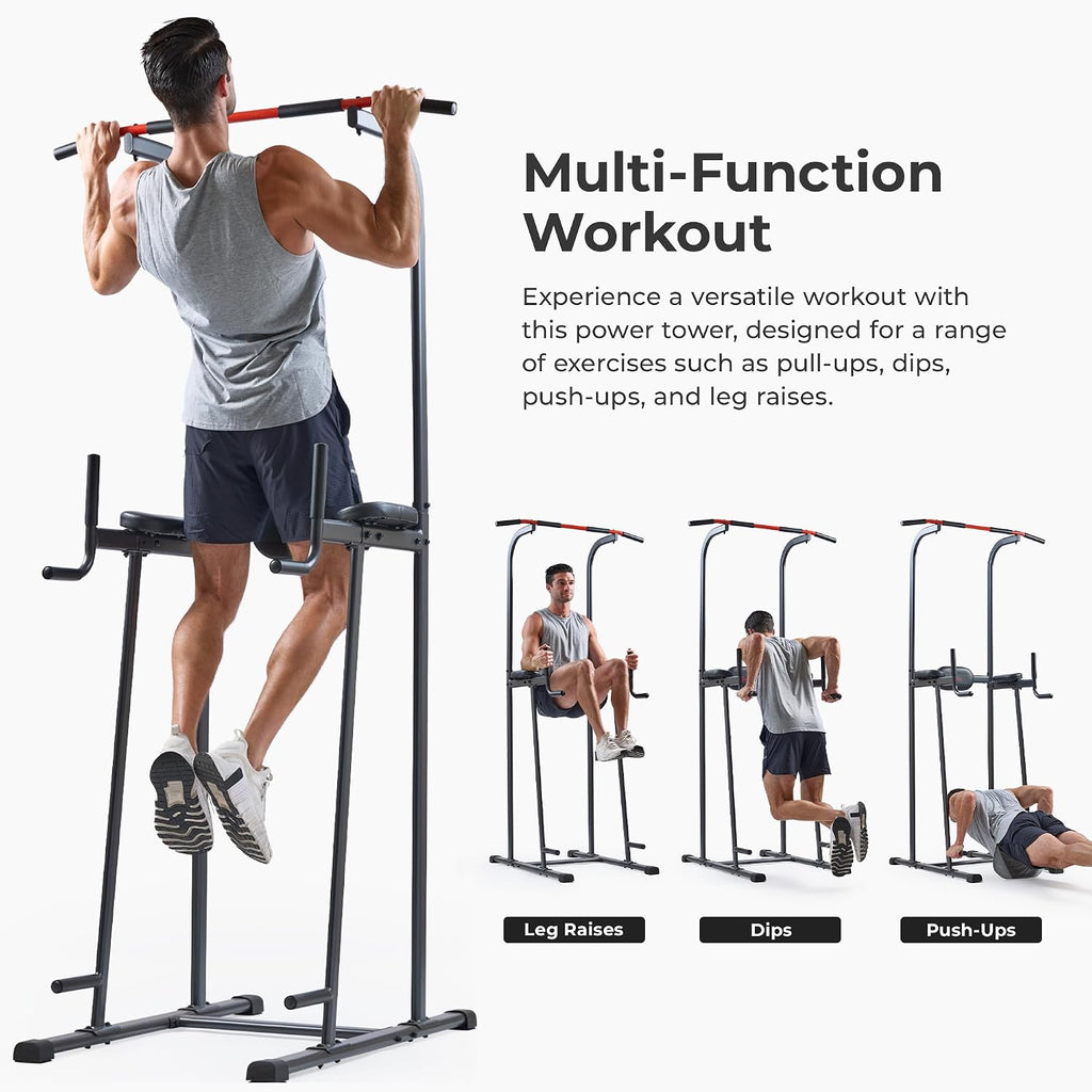 Sunny Health & Fitness Power Tower Dip Station & Pull-Up Bar, Multi-Function Strength Training Equipment with Captain's Chair, Push-Up Bars & Core Workout for Home Gym