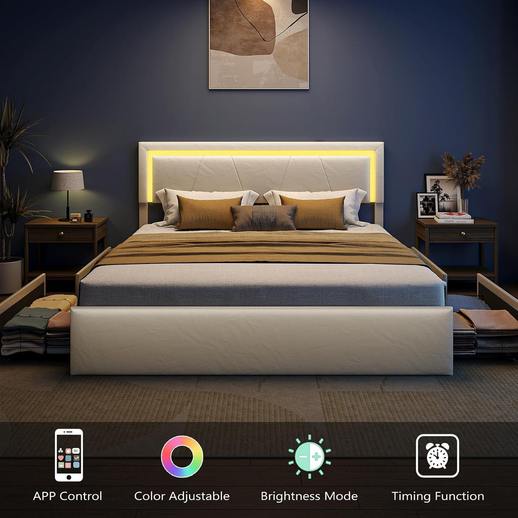 Queen Bed Frame with Adjustable Headboard, Upholstered Platform Bed with RGB LED Lights, 4 Storage Drawers & Charging Station (1 USB 1 Type-C), PU Leather Headboard, Noise-Free, No Box Spring Needed