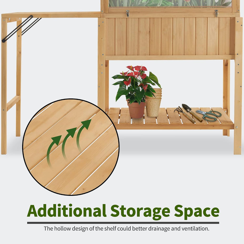 Macrout Cold Frame Greenhouse with Foldable Potting Table, Raised Garden Bed Planter Box with Legs and Wooden Greenhouse with Shelf for Vegetables, Herb and Flowers Use, 0399
