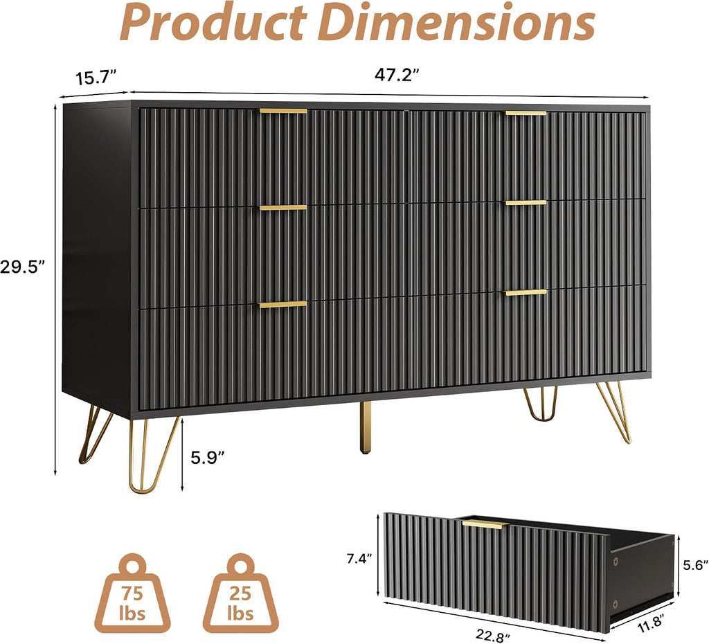 MAISONARIA Black Dresser for Bedroom, Modern Dresser with Gold Metal Handles & Chests of Drawers, Wood Chest of Drawers for Bedroom