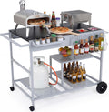 HAPPYGRILL Outdoor Grill Cart, Movable BBQ Pizza Oven Stand w/Lockable Wheels, Grill Tables w/Garbage Bag Holder, Removable Hooks, Portable Cooking Prep Table for BBQ Party