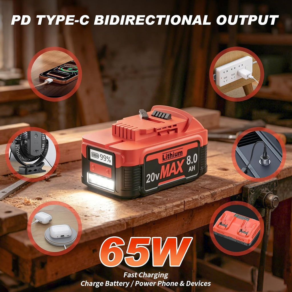 8.0Ah 2026 New Upgraded Replacement for Dewalt 20V Max Battery, 65W PD Type-C Bidirectional Charging LCD Display LED Light, Compatible with 20 Volt DCB203 DCB204 DCB205 DCB206 Cordless Power Tools
