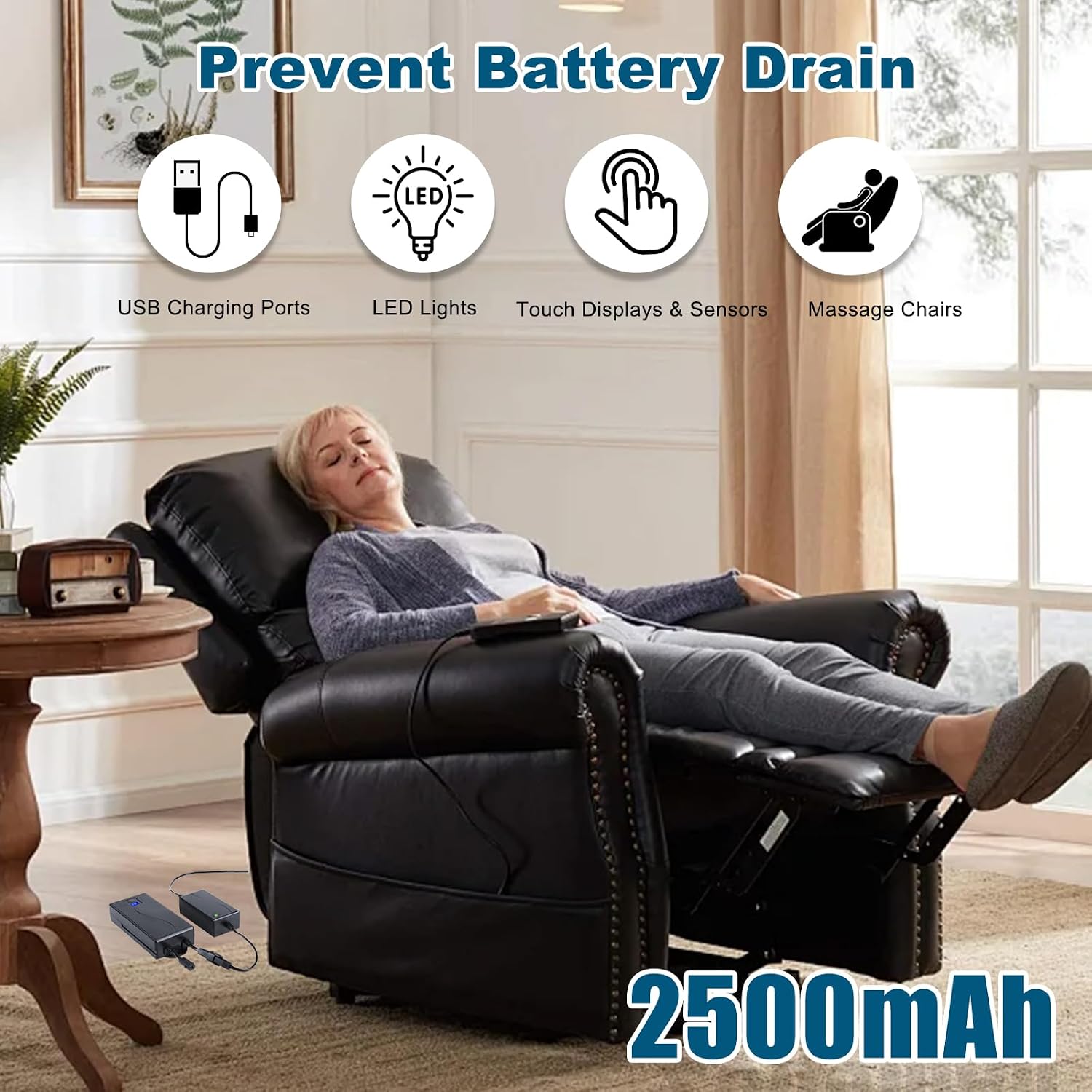 2 Rechargeable Battery Packs for Reclining Furniture, 2500mAh Universal Wireless Recliner Battery Charger for Electric Recliner, Sofas, Lift Chairs, Couch, 2-Pin Connection Reclining Furniture