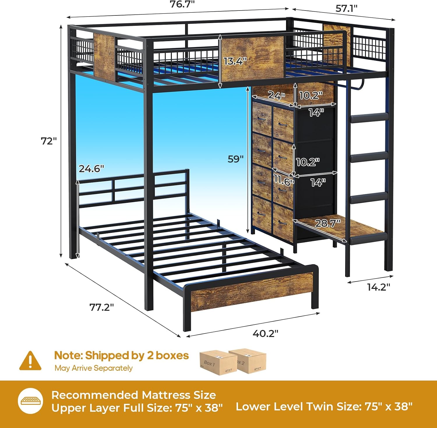 ADORNEVE Full Over Twin Bunk Bed with 8 Storage Drawers, Metal Loft Bed with Led Lights & Storage Shelves, Bunk Beds Twin over Full Size with 13.4' H Safety Guardrail & Ladder, for Kids & Teens, Black