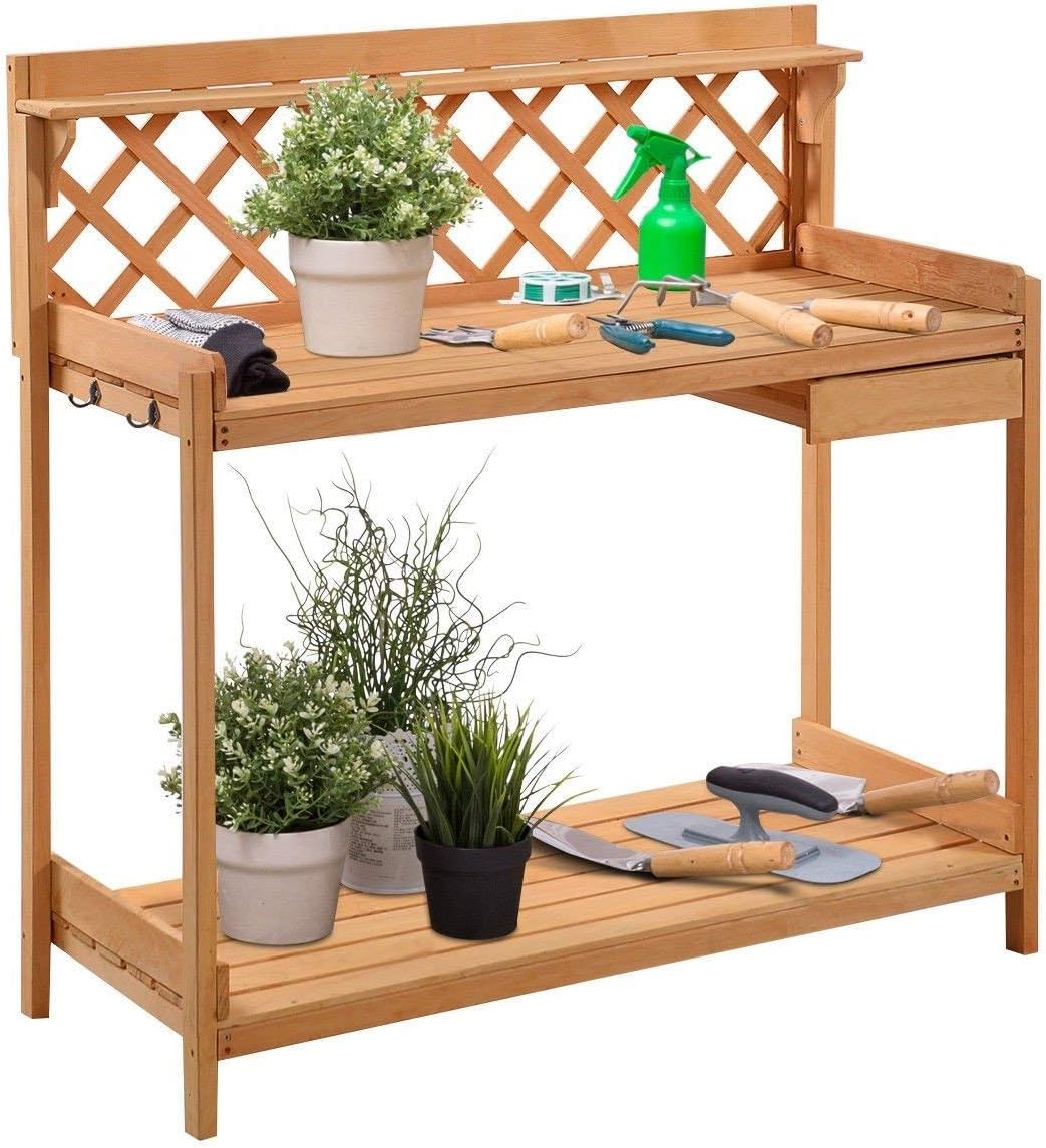Outdoor Home Garden Wooden Potting Bench with Storage Drawer
