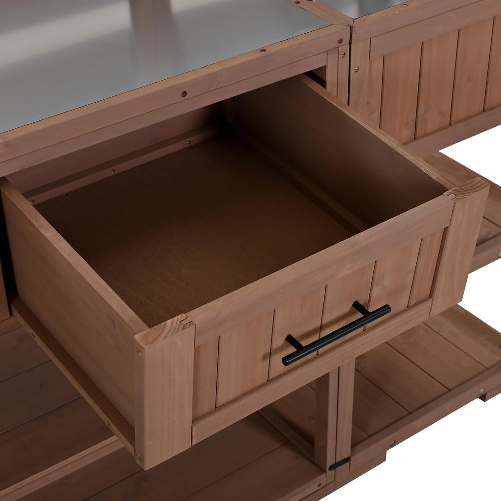 62.3'' Patio Kitchen Island Cart with Stainless Table Top,Solid Wood Garden Potting Bench with Raised Shelf and Drawers, Grill Prep Table for BBQ, Party (Brown-E)