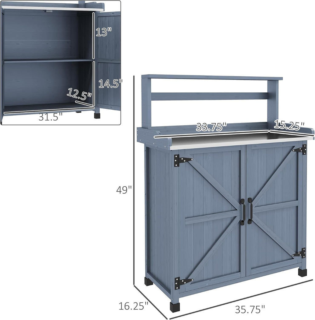 Outdoor Wooden Potting Bench with Cabinet & 2 Shelves – Galvanized Tabletop, Anti-Slip Feet, Weather-Resistant Garden Workstation for Backyard, Balcony, Patio (Gray, 35.75' W)