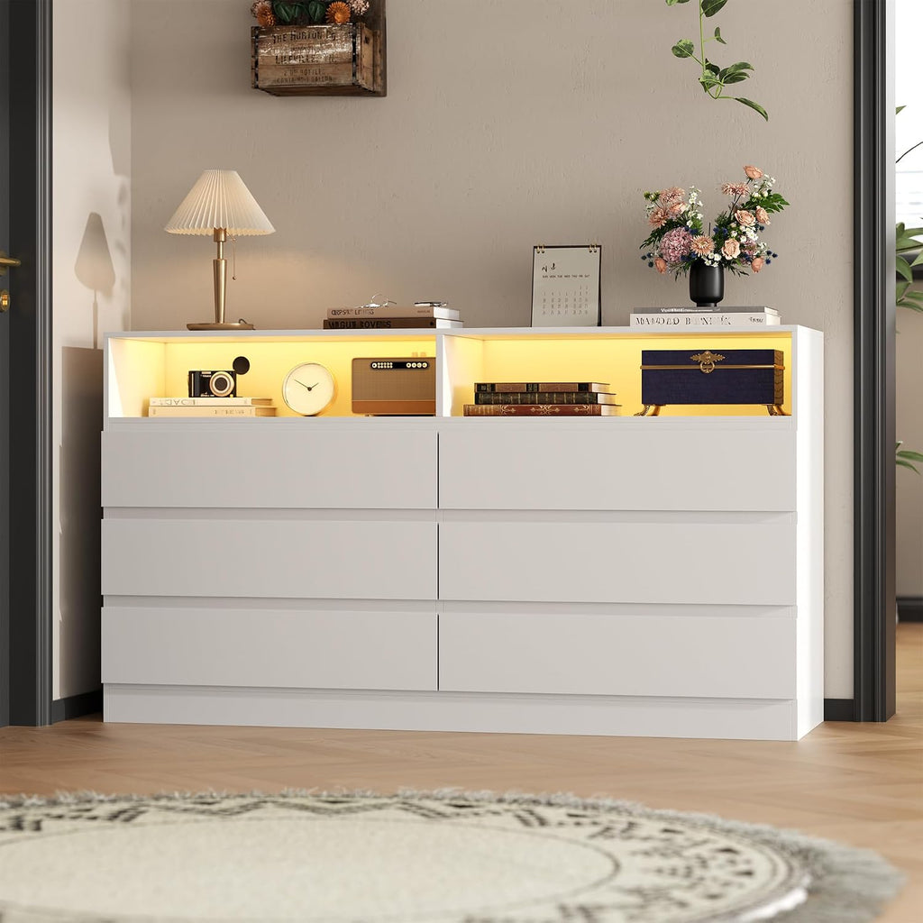 Gyfimoie 6 Drawer Dresser with Power Outlet, Modern White Dresser Chest of Drawers with LED Ligh, Wooden Dressers TV Stand, Double Wide Dressers Organizer for Bedroom, Living Room, Entryway